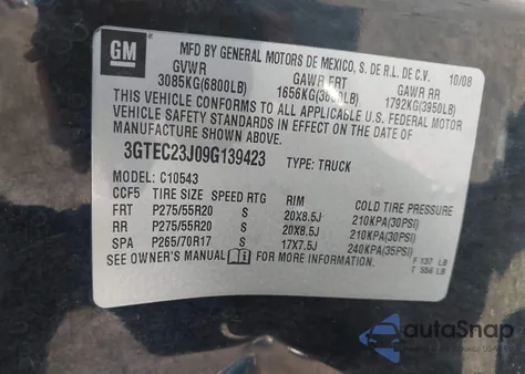 2009 GMC Sierra 1500 Sle z USA, uszkodzony, nr VIN 3GTEC23J09G139423